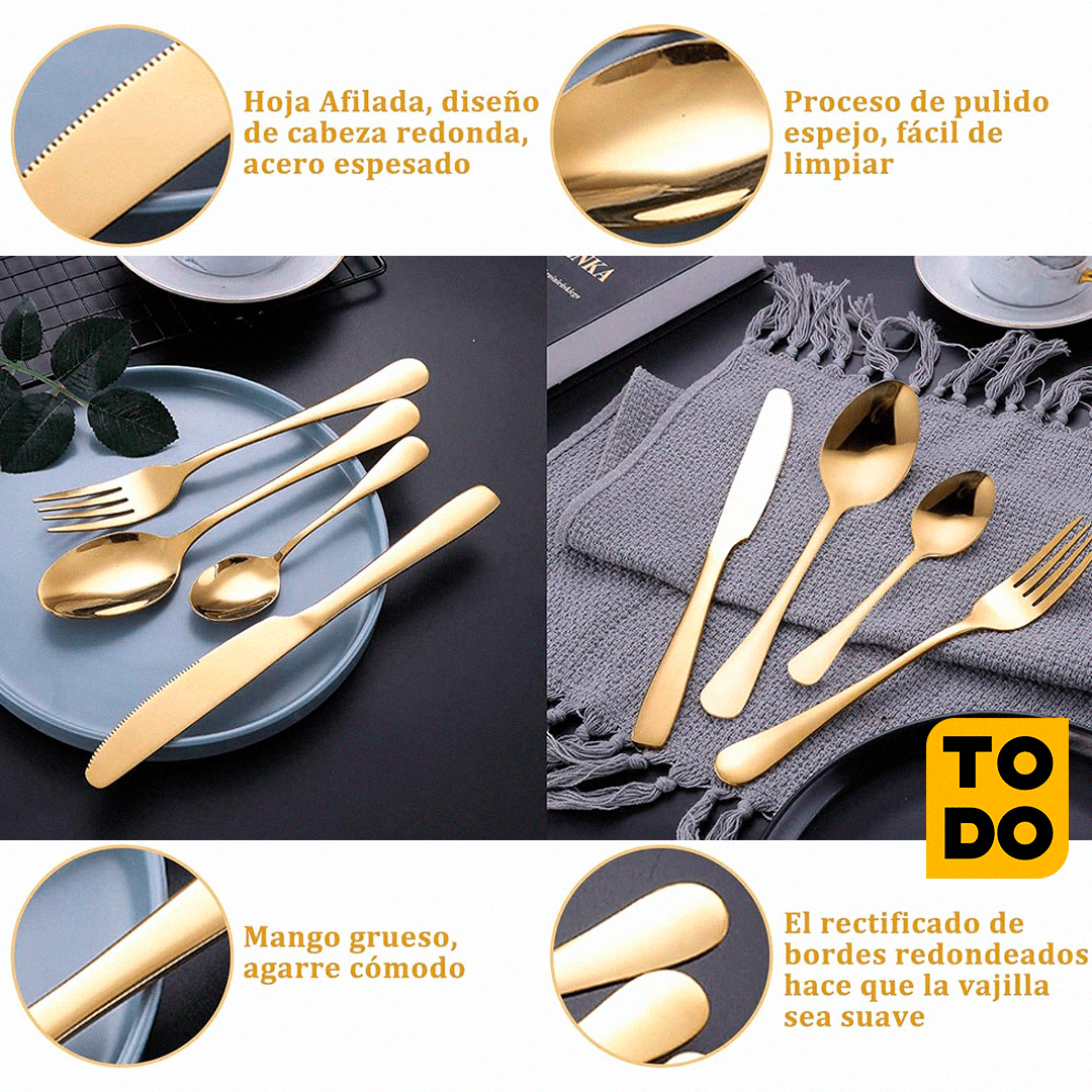 Cubiertos Dorados 6 puestos (GRATIS 1 EBOOK DE COCINA INTERNACIONAL + 1 CURSO DE COCINA EN VIDEO)