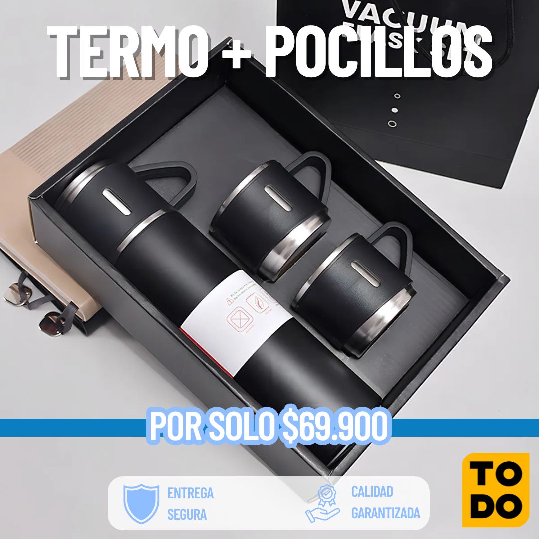 Termo + 3 pocillos manten tus bebidas a la temperatura que quieras