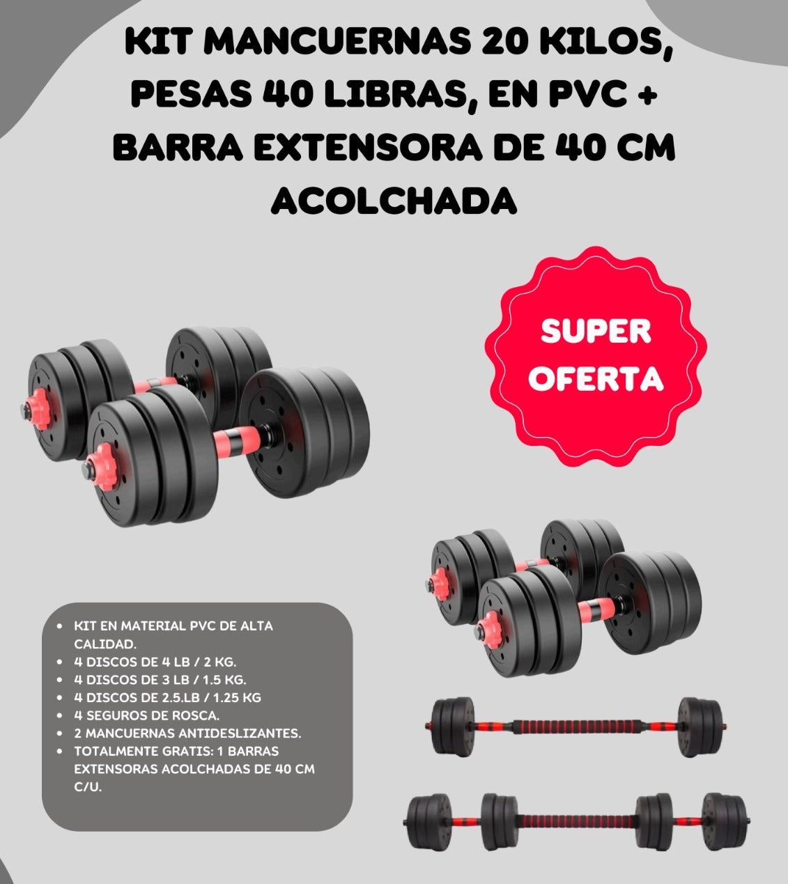 Kit Mancuernas 20 Kilos + Barra Extensora De 40 Cm Acolchada