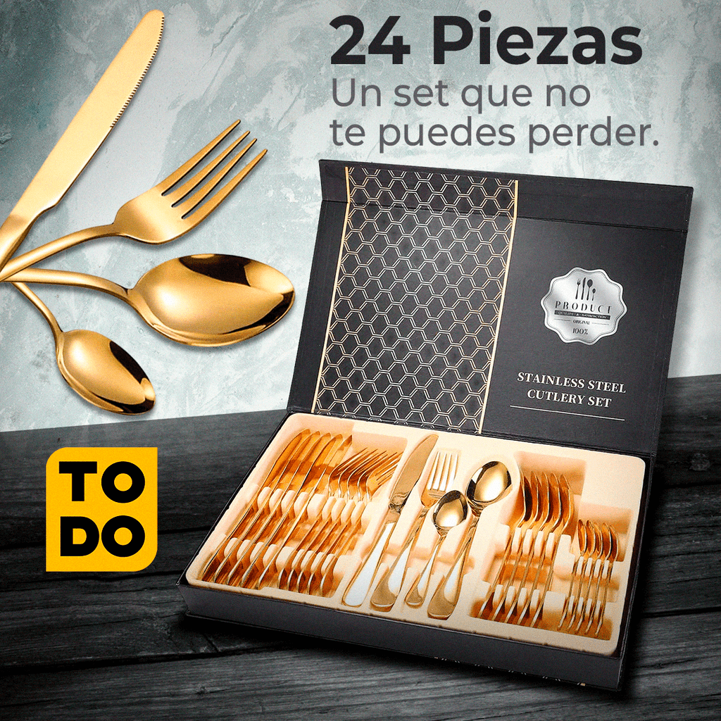 OFERTA MAYORISTA SET CUBIERTOS DORADOS 6 PUESTOS (24 PIEZAS)
